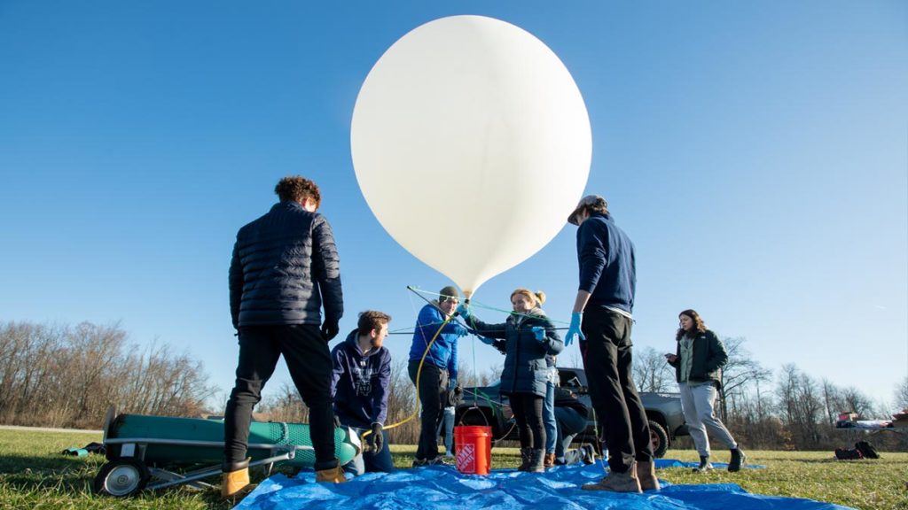 IrishSAT students prepping to release the inflated balloon