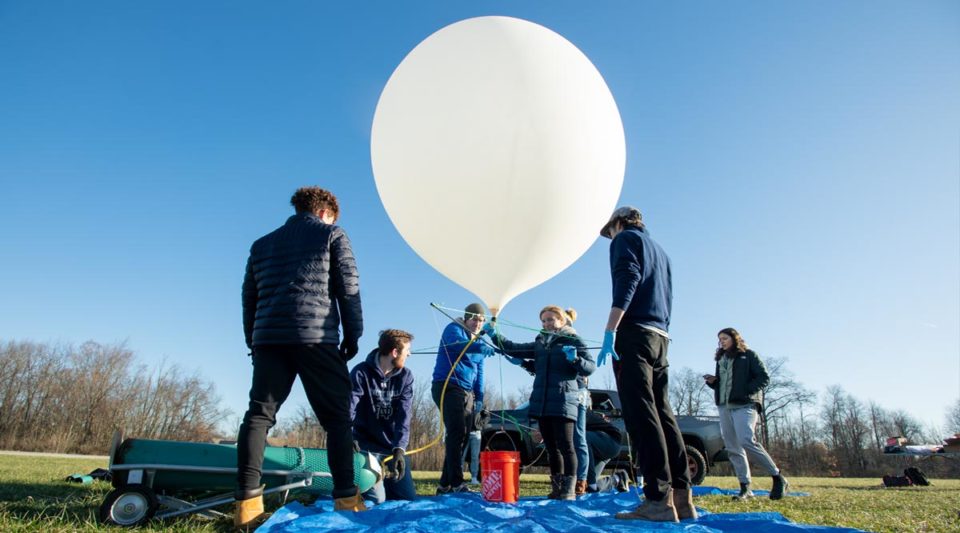IrishSAT students prepping to release the inflated balloon