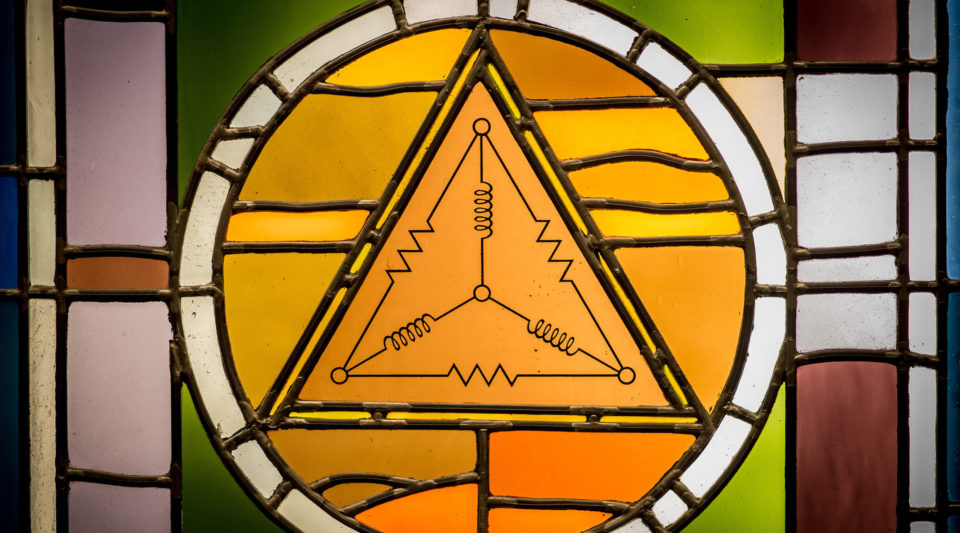 Electrical Engineering stained glass window in Fitzpatrick Hall of Engineering.